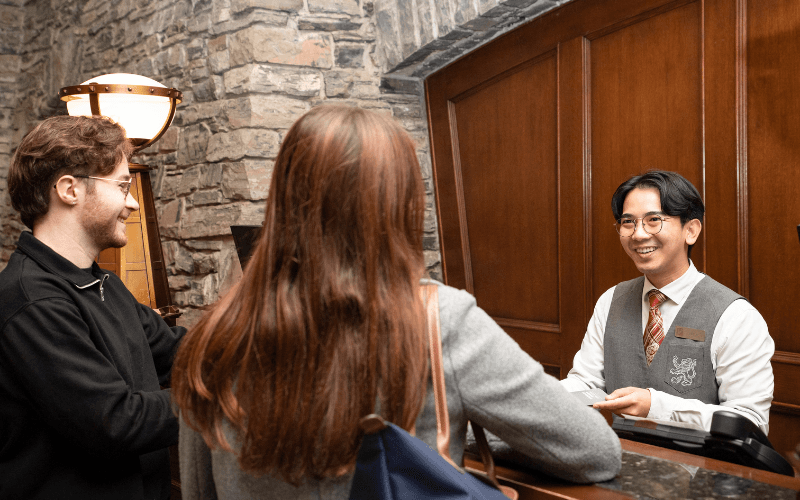 Hotel Front Desk Employee chatting with guests. Photo courtesy of BLLHA and Fairmont Hotels & Resorts Hotel Front Desk Employee chatting with guests. Photo courtesy of BLLHA and Fairmont Hotels & Resorts